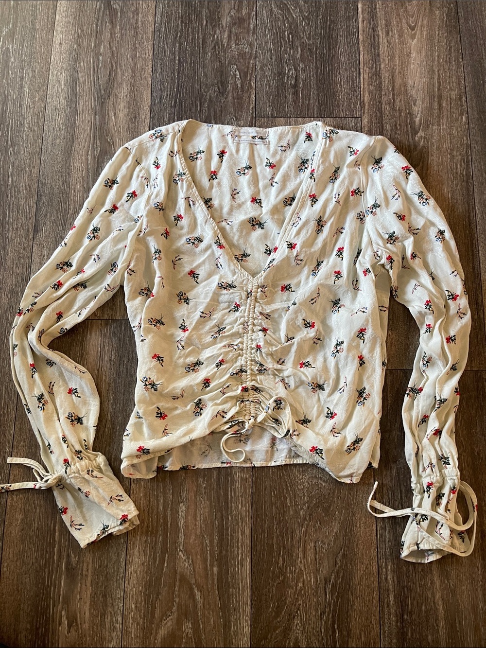 Urban Outfitters Cream Ditsy Floral Ruched Peasant Blouse V-Neck Cinching Top XL